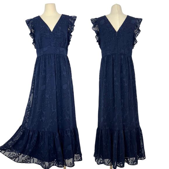 Lilly Pulitzer Autumn Midi Dress True Navy Botanical Clip Shadow Chiffon 12 NWT
